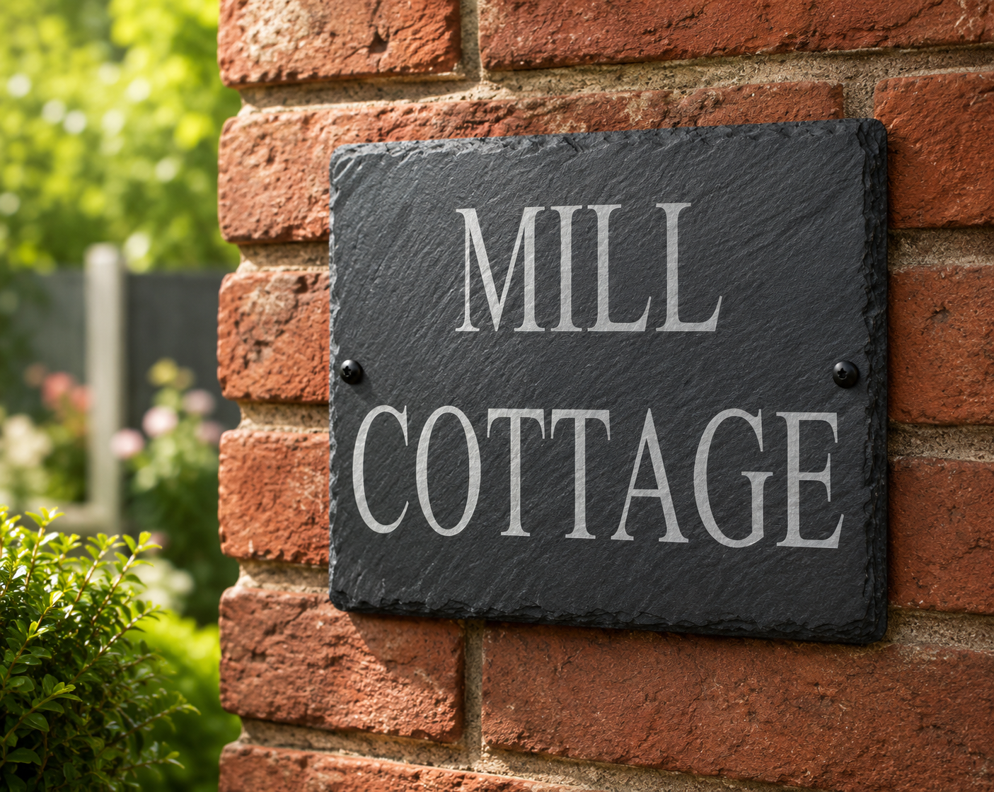 A rectangular black slate sign with the words 'MILL COTTAGE' in white serif lettering, mounted on a red brick wall with green garden foliage blurred in the background.