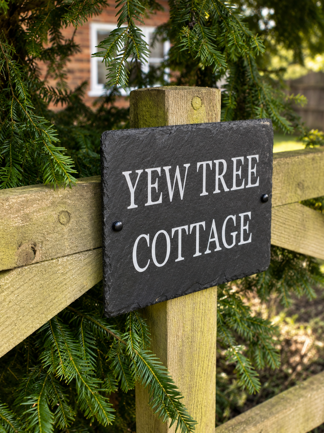A rectangular black slate sign with white lettering reading 'YEW TREE COTTAGE' mounted on a wooden fence post, surrounded by green evergreen branches and a brick house in the background.