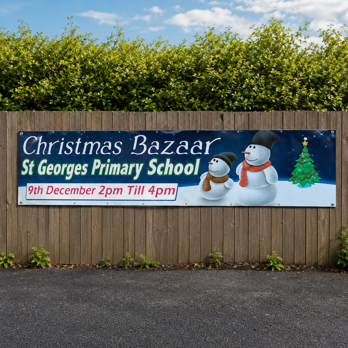 Custom vinyl banners printed in full colour on durable outdoor PVC. Personalised business, event & advertising banners, hemmed and eyeletted with UK delivery.