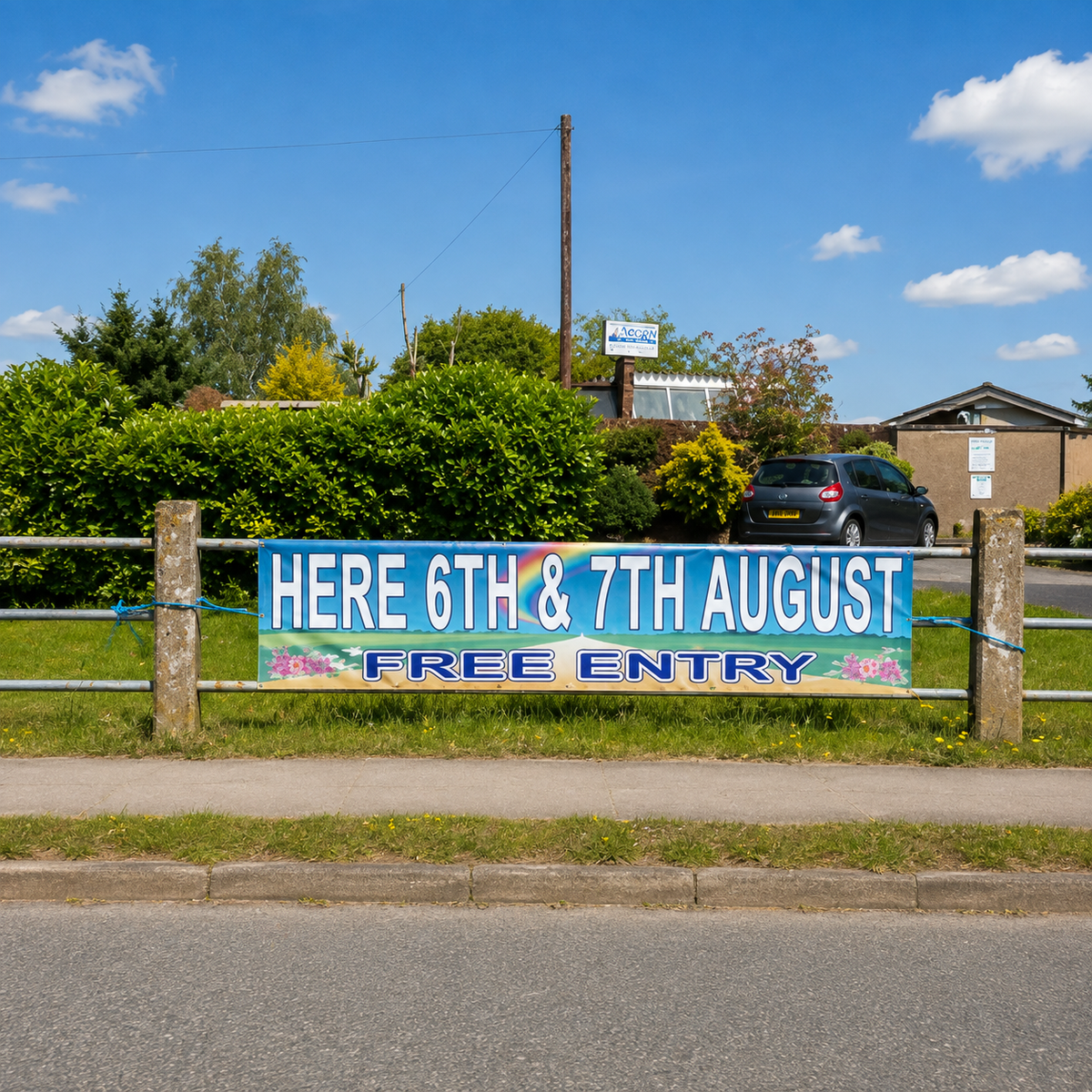 A rectangular blue sign reading “HERE 6TH & 7TH AUGUST FREE ENTRY” tied to a metal fence on a grassy roadside, with bushes, trees, a parked car, and a building in the background under a blue sky with clouds.