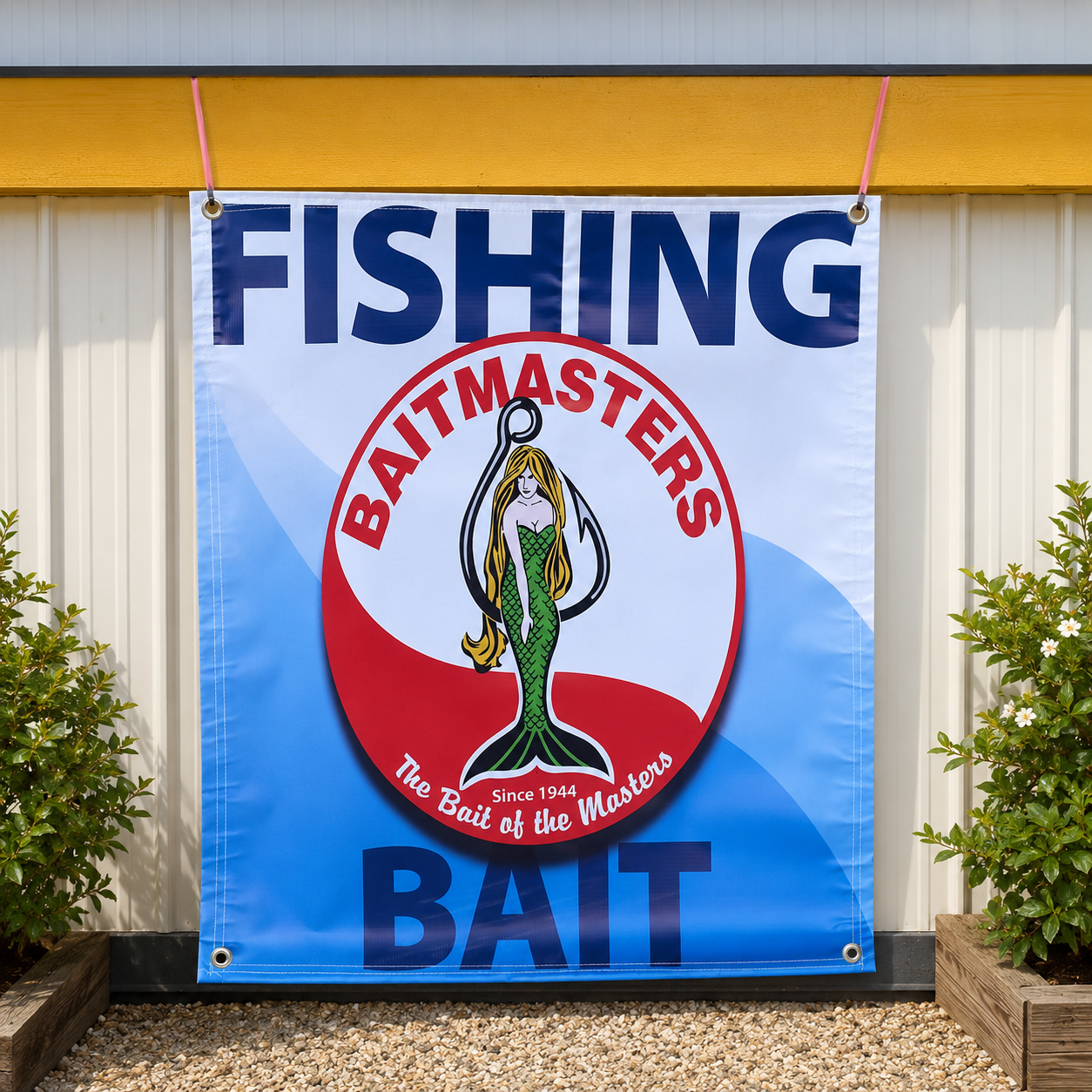 A rectangular fishing bait banner hanging on a white siding wall outdoors. The banner has a blue and white background with large navy text reading 'FISHING BAIT' and a central circular red, white, and blue logo featuring a mermaid holding a fishing hook, with the words 'BAITMASTERS' and 'The Bait of the Masters'.