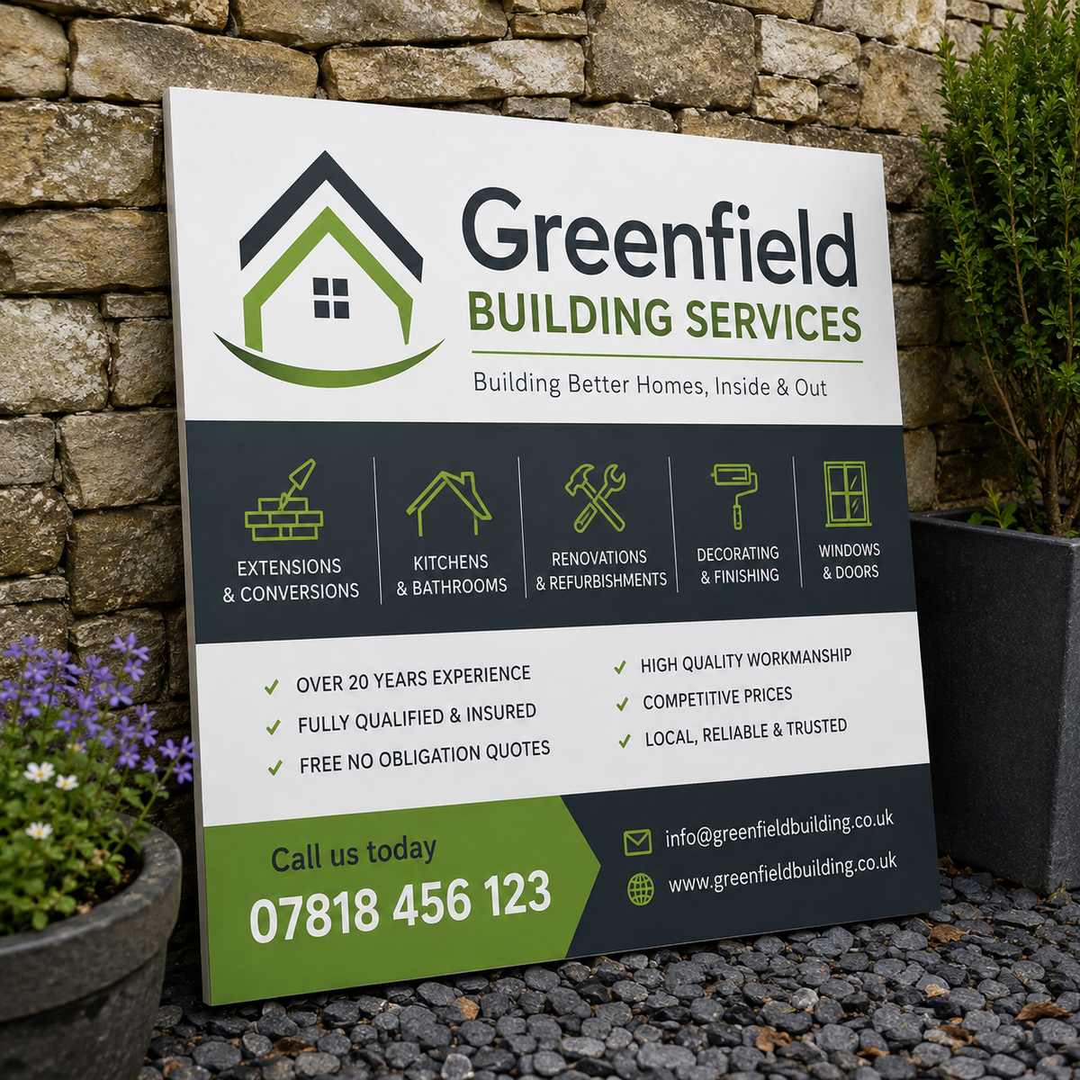 Custom 800mm x 600mm tradesman board for builders, contractors and trades. Full-colour aluminium composite sign with free design service.