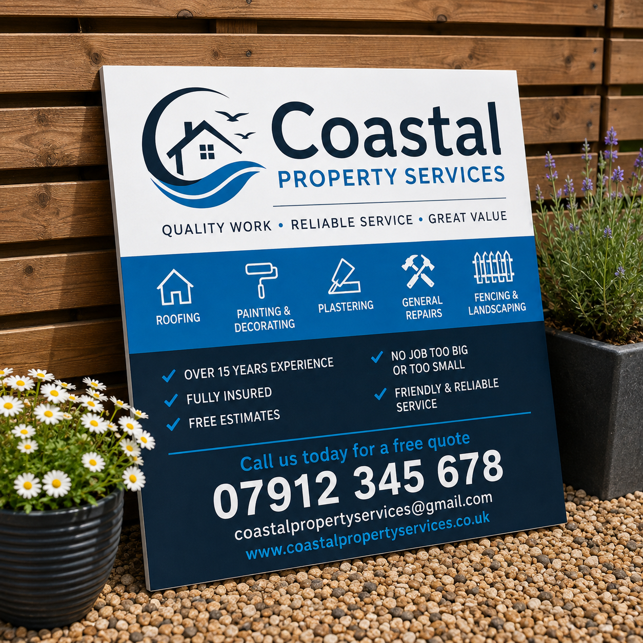 Custom 800mm x 600mm tradesman board for builders, contractors and trades. Full-colour aluminium composite sign with free design service.