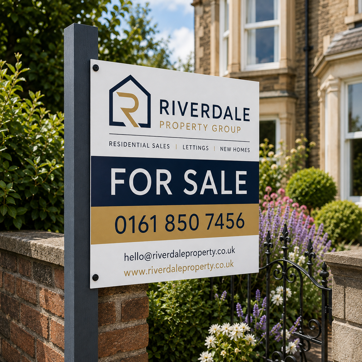 Professional 800mm x 600mm double-sided estate agent property boards, custom printed with your agency branding, logo, contact details and property information