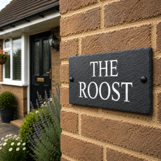 A rectangular black slate house number plaque reading 'THE ROOST' in white lettering, mounted on a brown brick wall next to a house entrance.
