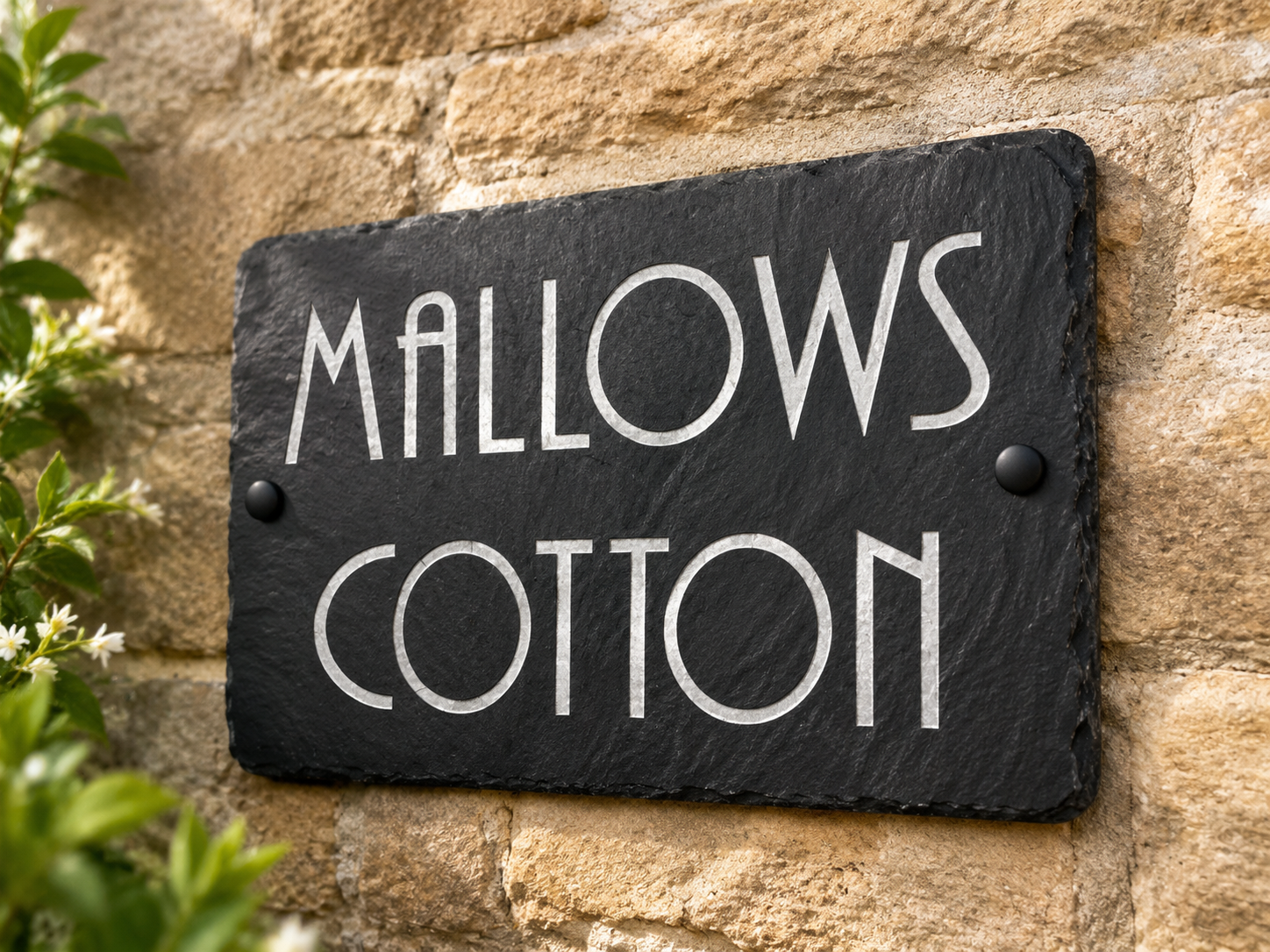 A rectangular black slate sign with white lettering that reads 'MALLOWS COTTON', mounted on a tan stone wall with green leaves visible at the left edge.