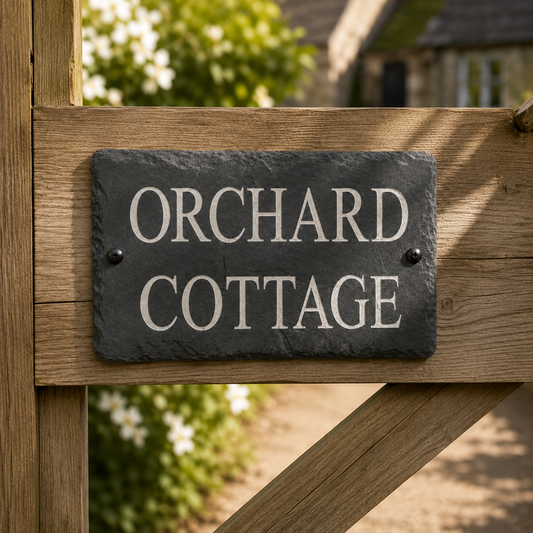 A rectangular slate sign reading “ORCHARD COTTAGE” in white lettering, mounted on a wooden gate with a blurred garden and cottage background.
