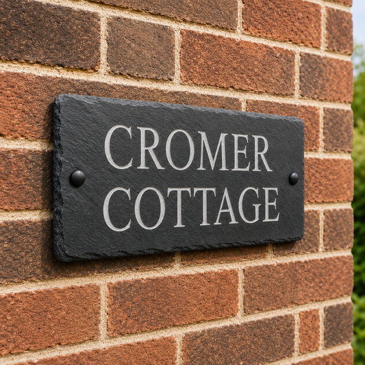 Elegant personalised natural slate house name plaque with professionally laser etched lettering, handcrafted from genuine slate with traditional riven edges for detached homes, cottages and country properties.