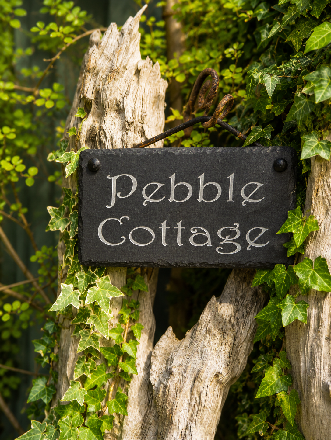 Custom natural slate house plaque featuring precision laser etched house name and number, handcrafted with authentic riven edges to create an elegant and durable entrance sign for any home.