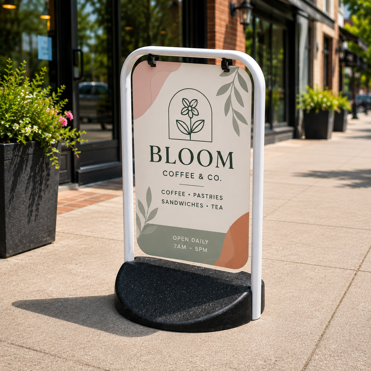 Custom pavement swing sign with personalised 750mm x 500mm advertising panel and heavy rubber base
