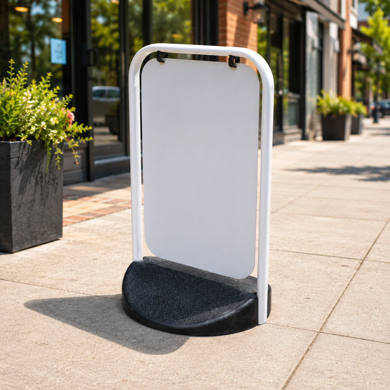 Custom pavement swing sign with personalised 750mm x 500mm advertising panel and heavy rubber base