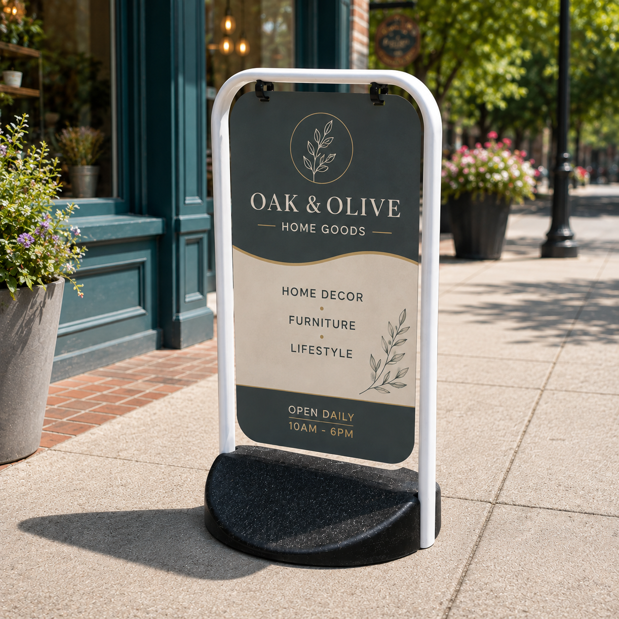 Custom pavement swing sign with personalised 750mm x 500mm advertising panel and heavy rubber base
