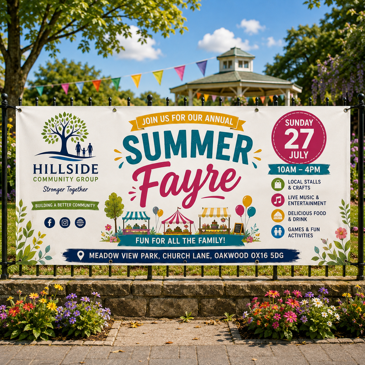 Create a professional personalised vinyl banner for your business, event, promotion or advertising campaign. Printed in full colour on durable outdoor PVC banner material