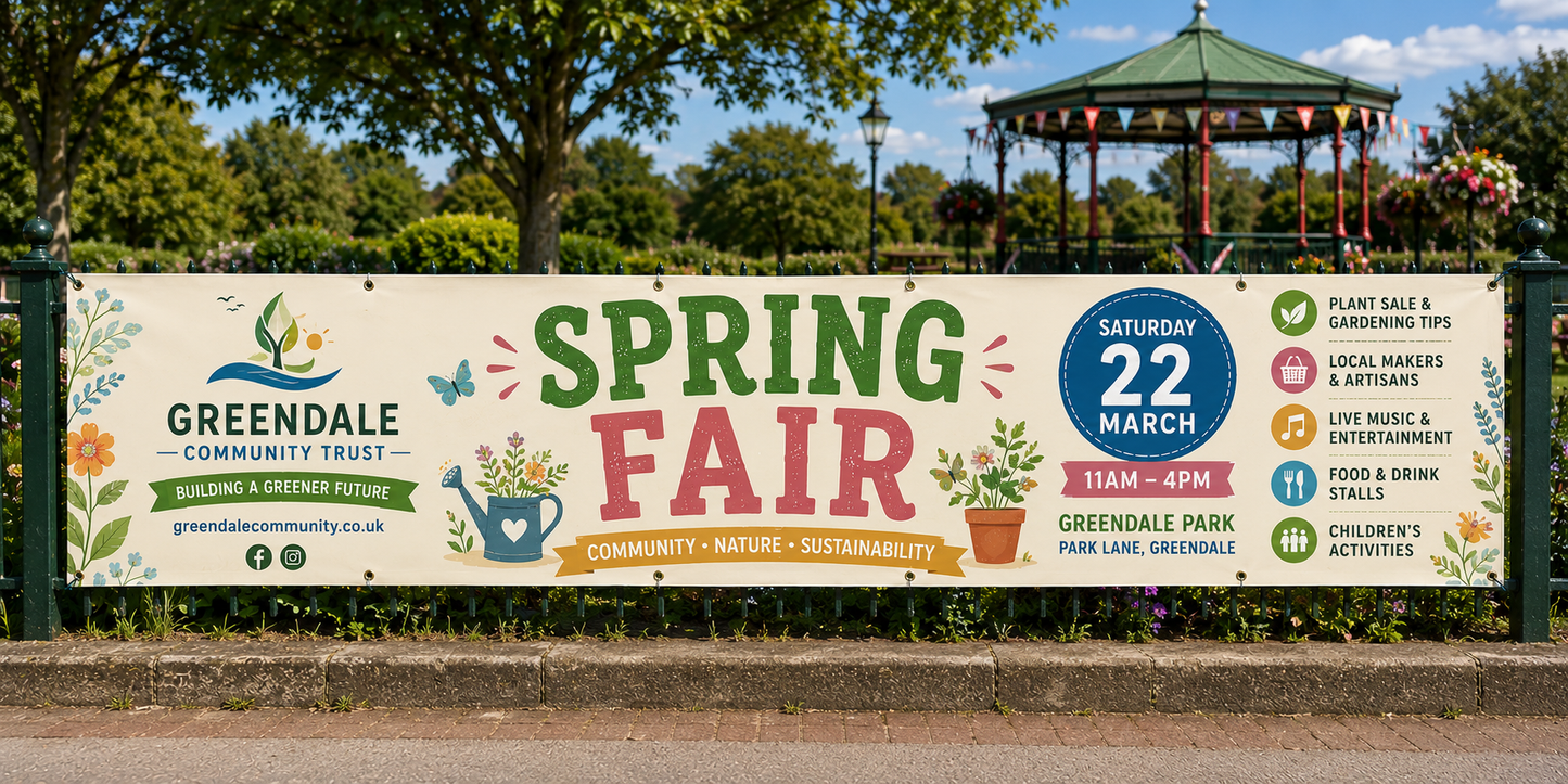 A large outdoor banner for the Greendale Community Trust Spring Fair, held at Greendale Park on a sunny day. The banner features a cream background with colorful text and illustrations of flowers, a watering can, and gardening tools.