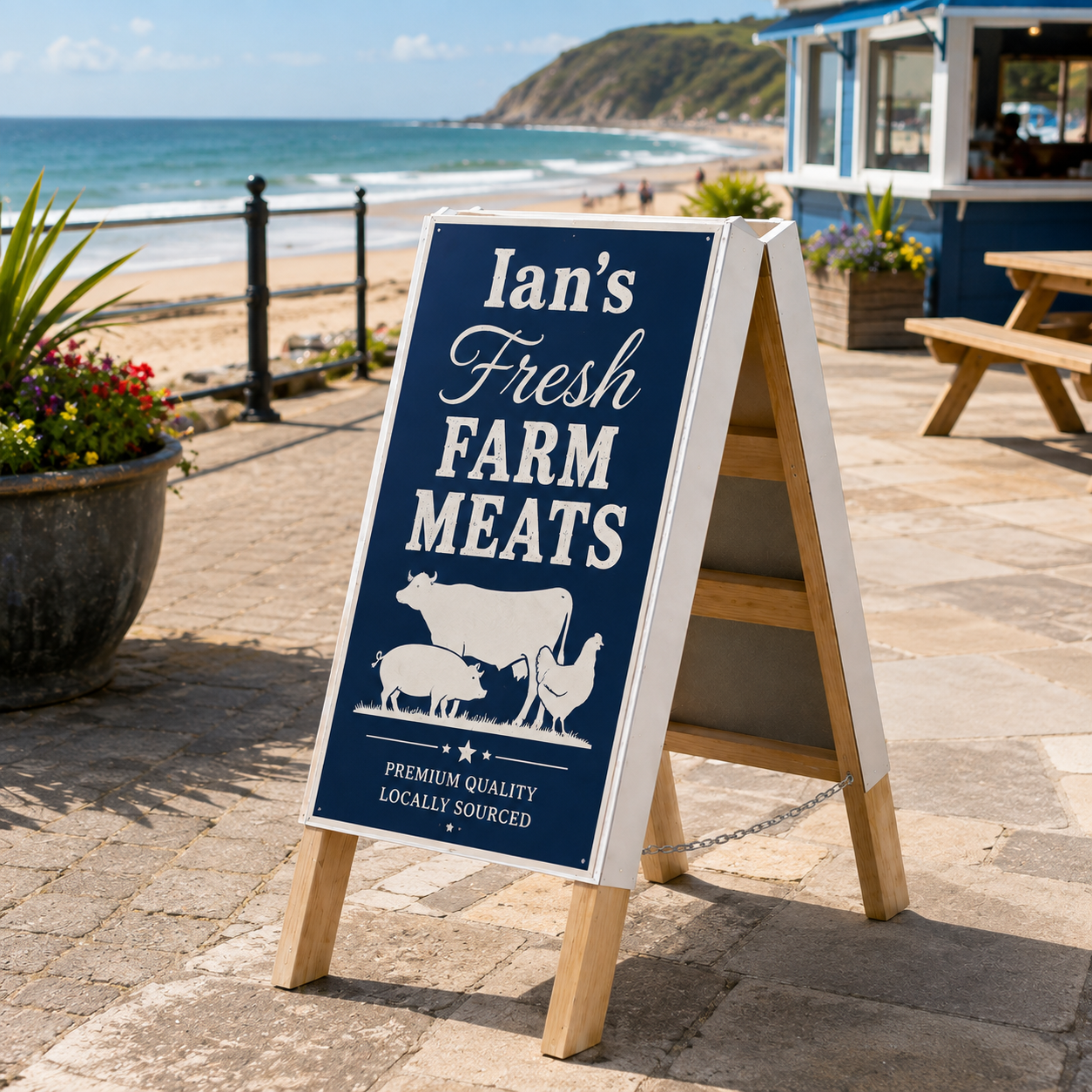 Custom wooden A-board pavement sign with aluminium composite advertising panel for shops and businesses