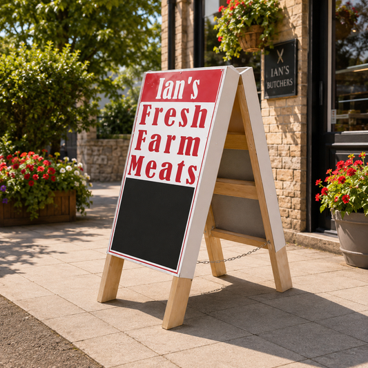 Custom wooden A-board pavement sign with aluminium composite advertising panel for shops and businesses