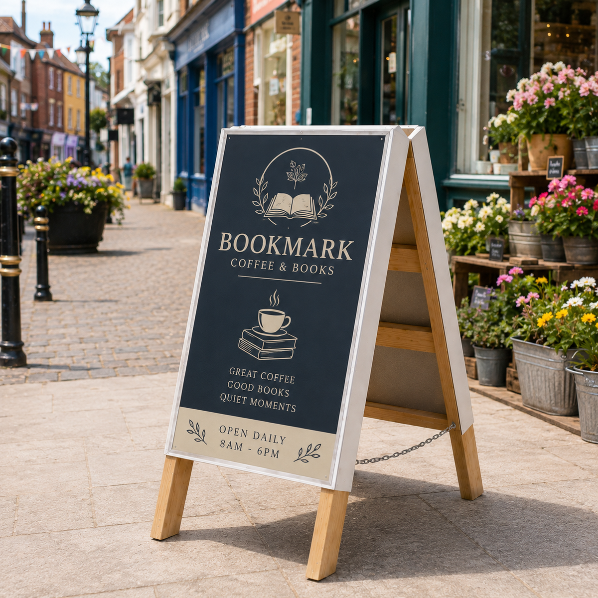 A wooden A-frame sidewalk sign with a dark navy sign panel stands on a cobblestone street in front of a shop. The sign reads 'BOOKMARK COFFEE & BOOKS' with a coffee cup and books icon, and additional text below.