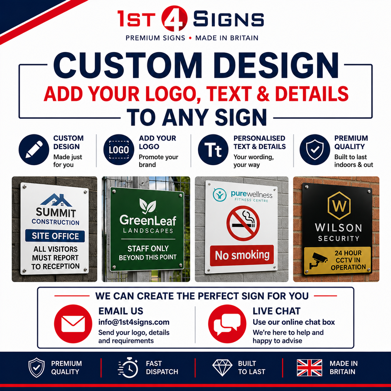 A promotional graphic for 1st4 Signs custom sign design services, showing multiple sample wall signs with different logos, text, and icons on a white background with blue and red accents.