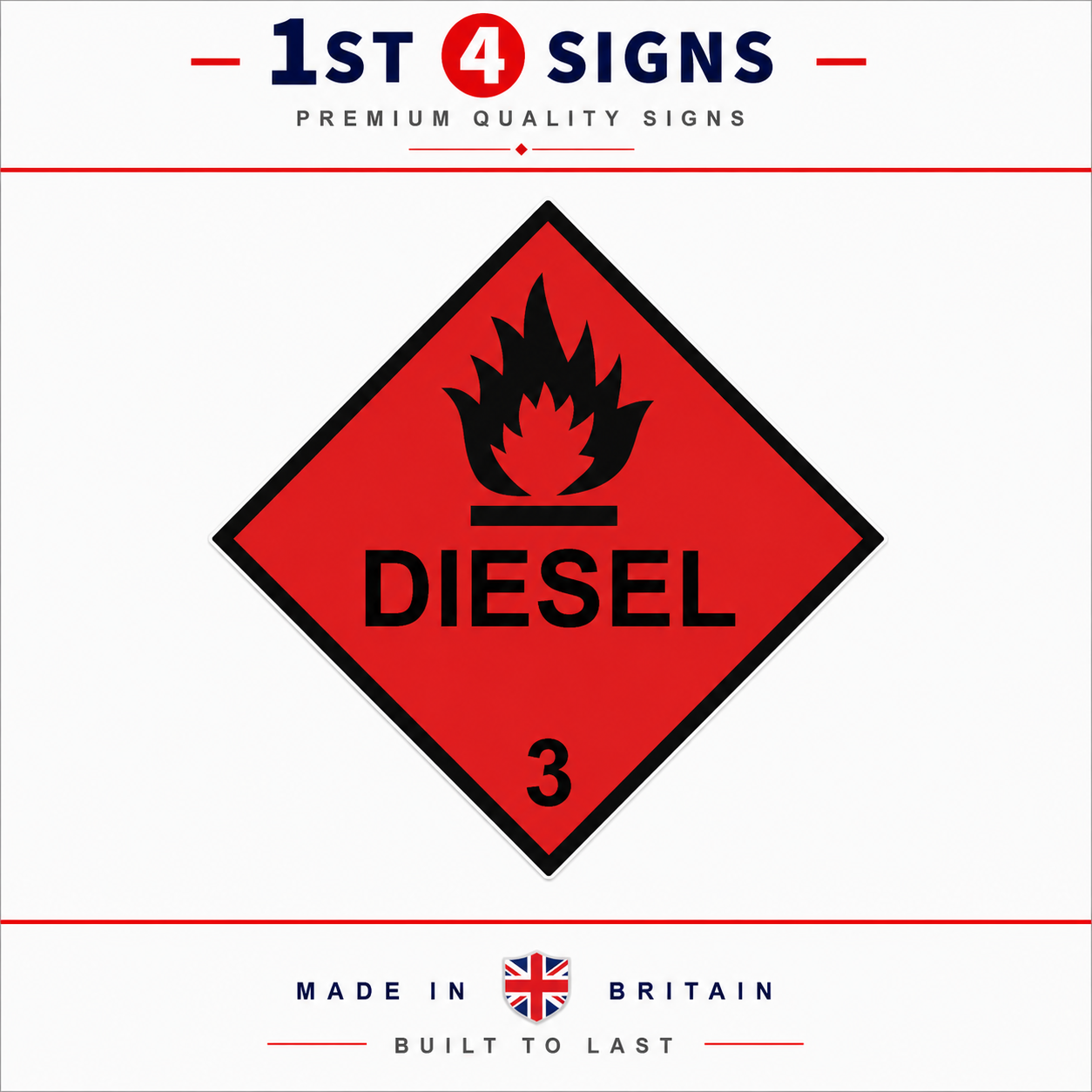A red diamond-shaped fuel sign with a black flame icon and the word 'DIESEL' in black text, with the number 3 below. The sign is centered on a white background with '1ST 4 SIGNS' branding at the top and 'MADE IN BRITAIN BUILT TO LAST' at the bottom.