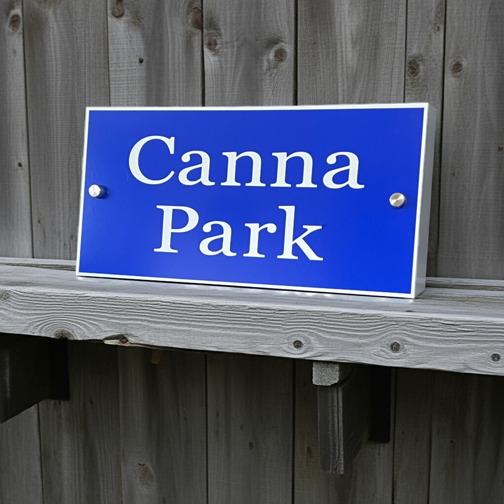 Blue sign with 'Canna Park' text mounted on a wooden fence