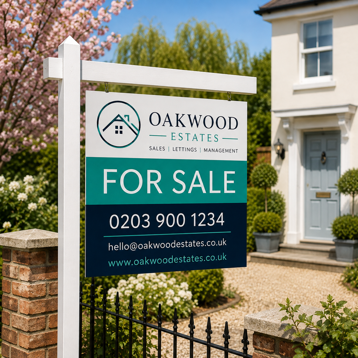 Professional 800mm x 600mm double-sided estate agent property boards, custom printed with your agency branding, logo, contact details and property information