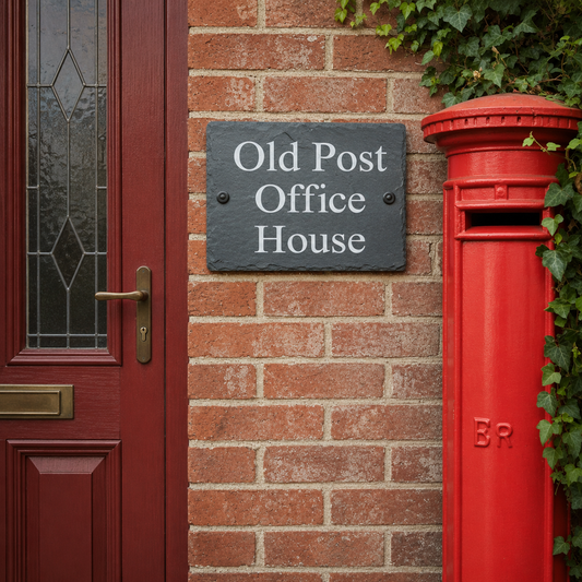A dark slate sign reading 'Old Post Office House' mounted on a red brick wall, with part of a red door on the left and a red vintage-style post box on the right.