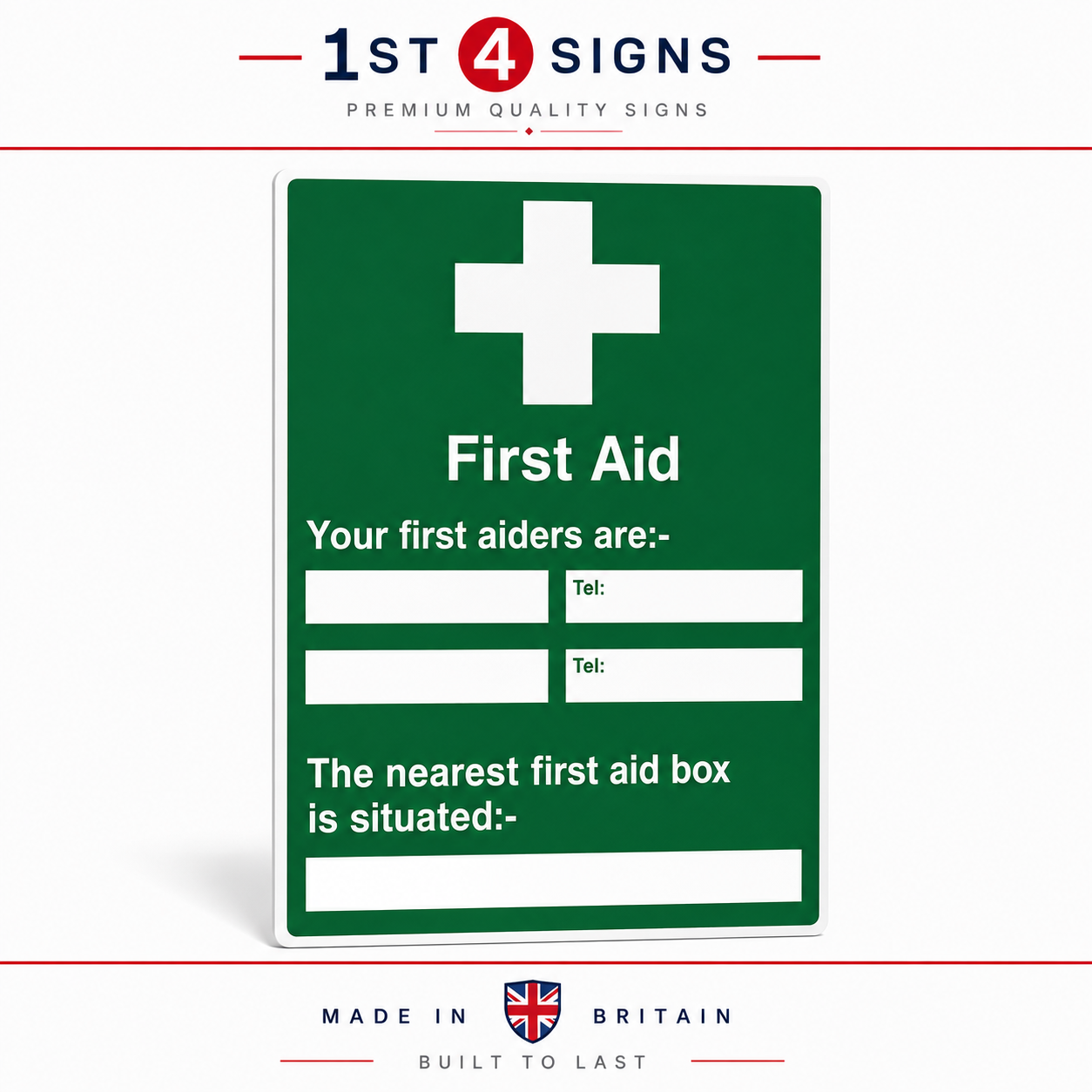 A green rectangular First Aid sign with a white cross and white text, shown on a light gray background with '1st 4 Signs' branding at the top and 'Made in Britain' at the bottom.