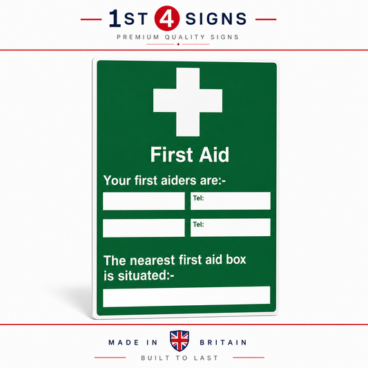 A green rectangular First Aid sign with a white cross and white text, shown on a light gray background with '1st 4 Signs' branding at the top and 'Made in Britain' at the bottom.