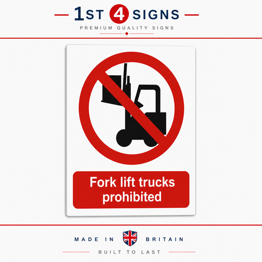 A rectangular white safety sign with a red prohibition circle over a black forklift icon and the text 'Fork lift trucks prohibited' in white on a red banner. The sign is centered on a light gray background with '1st 4 Signs' branding at the top and 'Made in Britain' at the bottom.