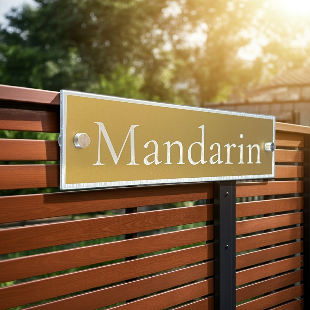 A rectangular gold metal sign with the name 'Mandarin' in white serif lettering, mounted on a brown wooden slat fence outdoors with warm sunlight and blurred greenery in the background.