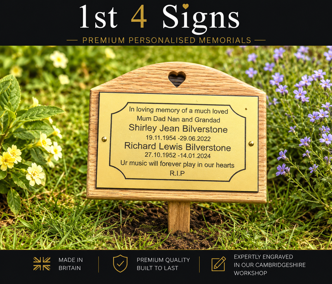 Personalised wooden garden memorial plaque with a gold engraved nameplate, shown outdoors in a grassy garden with flowers. The top and bottom of the image feature black banners with the brand name '1st 4 Signs' and product feature callouts.