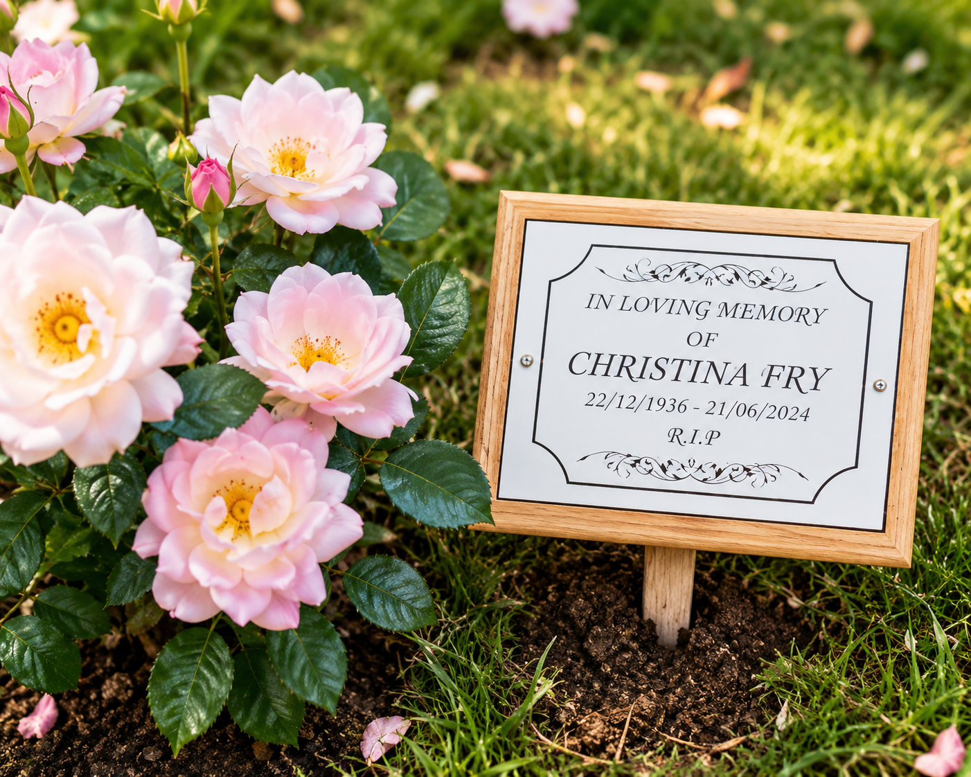 A wooden memorial garden plaque with a white insert reading 'IN LOVING MEMORY OF CHRISTINA FRY 22/12/1936 - 21/06/2024 R.I.