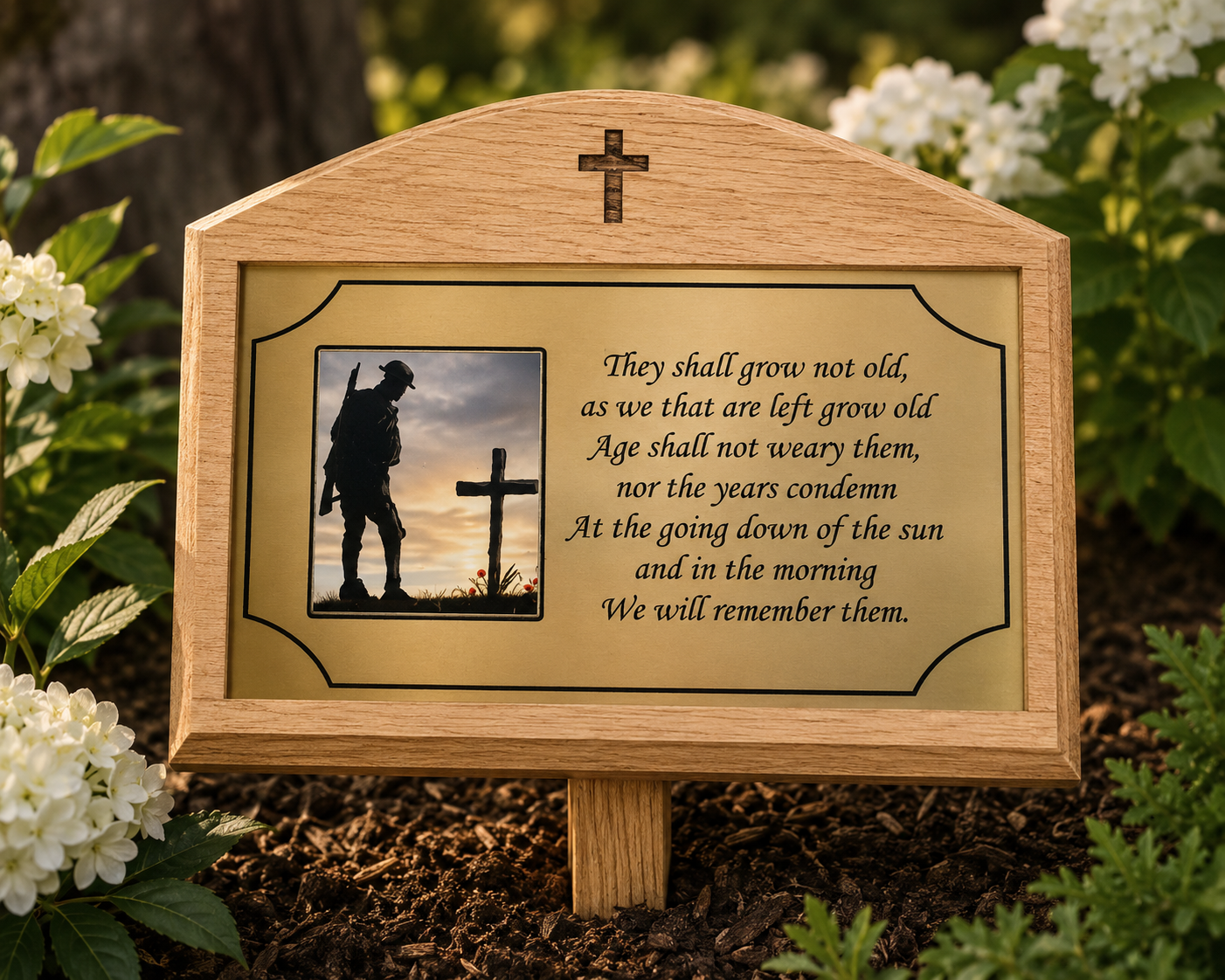 Personalised Oak Wooden Grave Marker with Memorial Plaque & Engraved Cross