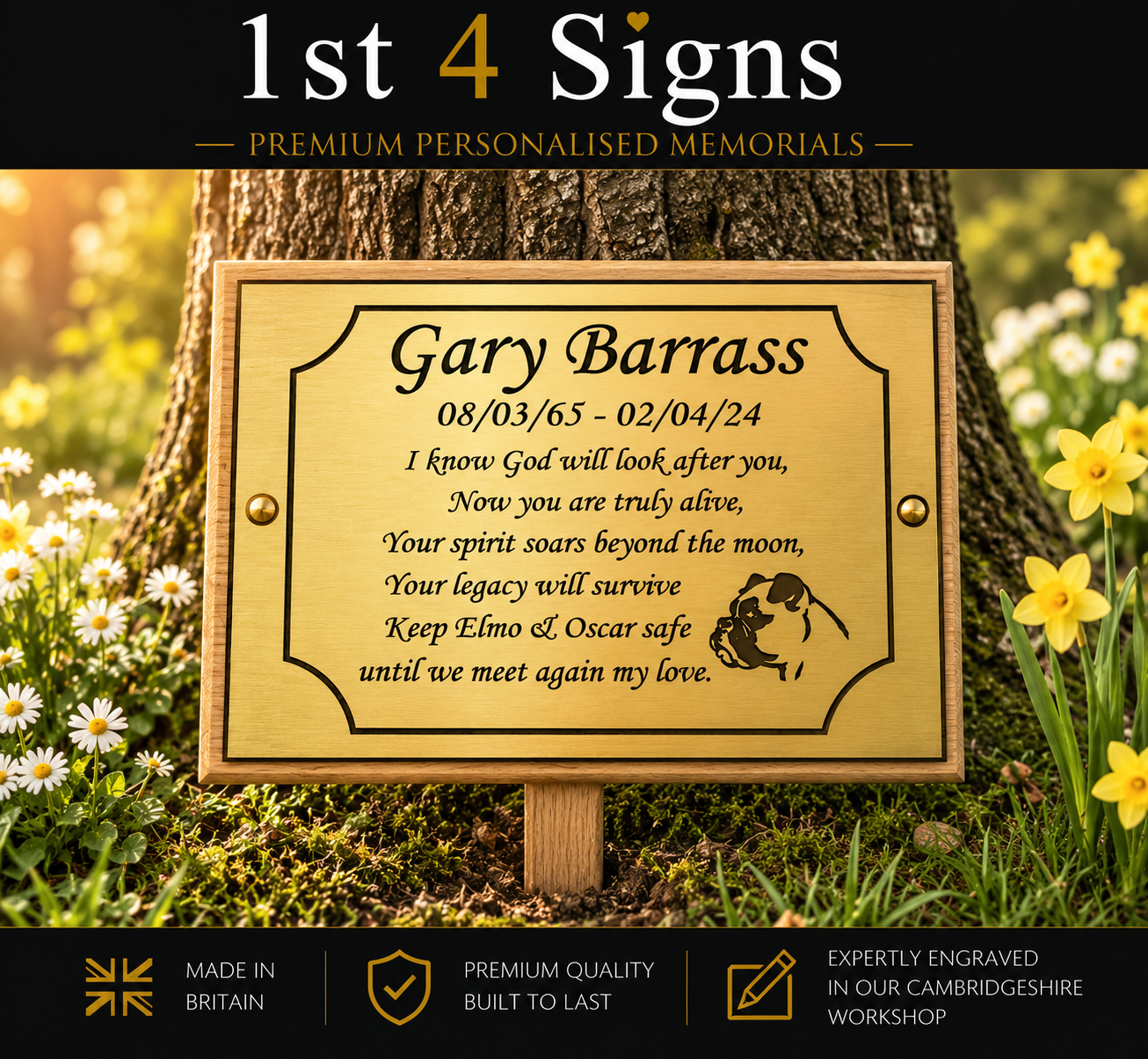 Personalized wooden memorial plaque with engraved text for 'Gary Barrass' set in a real outdoor environment next to a tree trunk and yellow daffodils. The top banner reads '1st 4 Signs Premium Personalised Memorials' and the bottom strip includes feature badges.