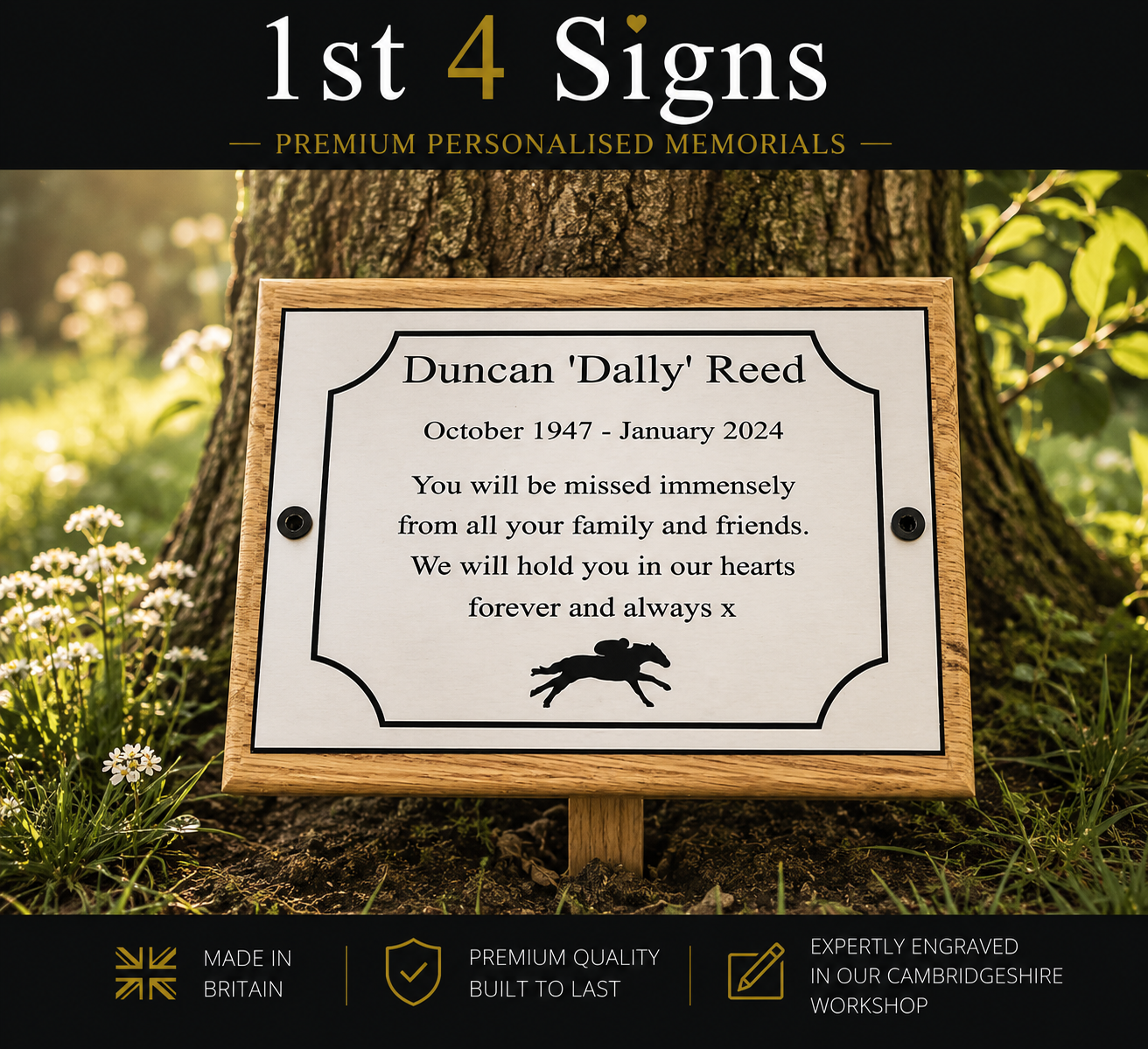 Personalized wooden memorial garden plaque with engraved text on a tree stump in a garden setting. The plaque reads 'Duncan 'Dally' Reed' with dates and a remembrance message, plus a small horse silhouette.