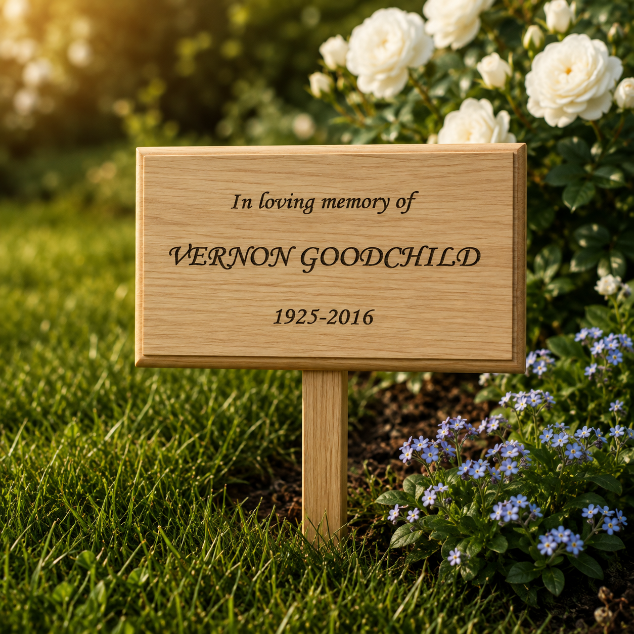 A rectangular wooden memorial garden stake with engraved text reading 'In loving memory of VERNON GOODCHILD 1925-2016' placed in a grassy garden with white roses and small blue flowers.