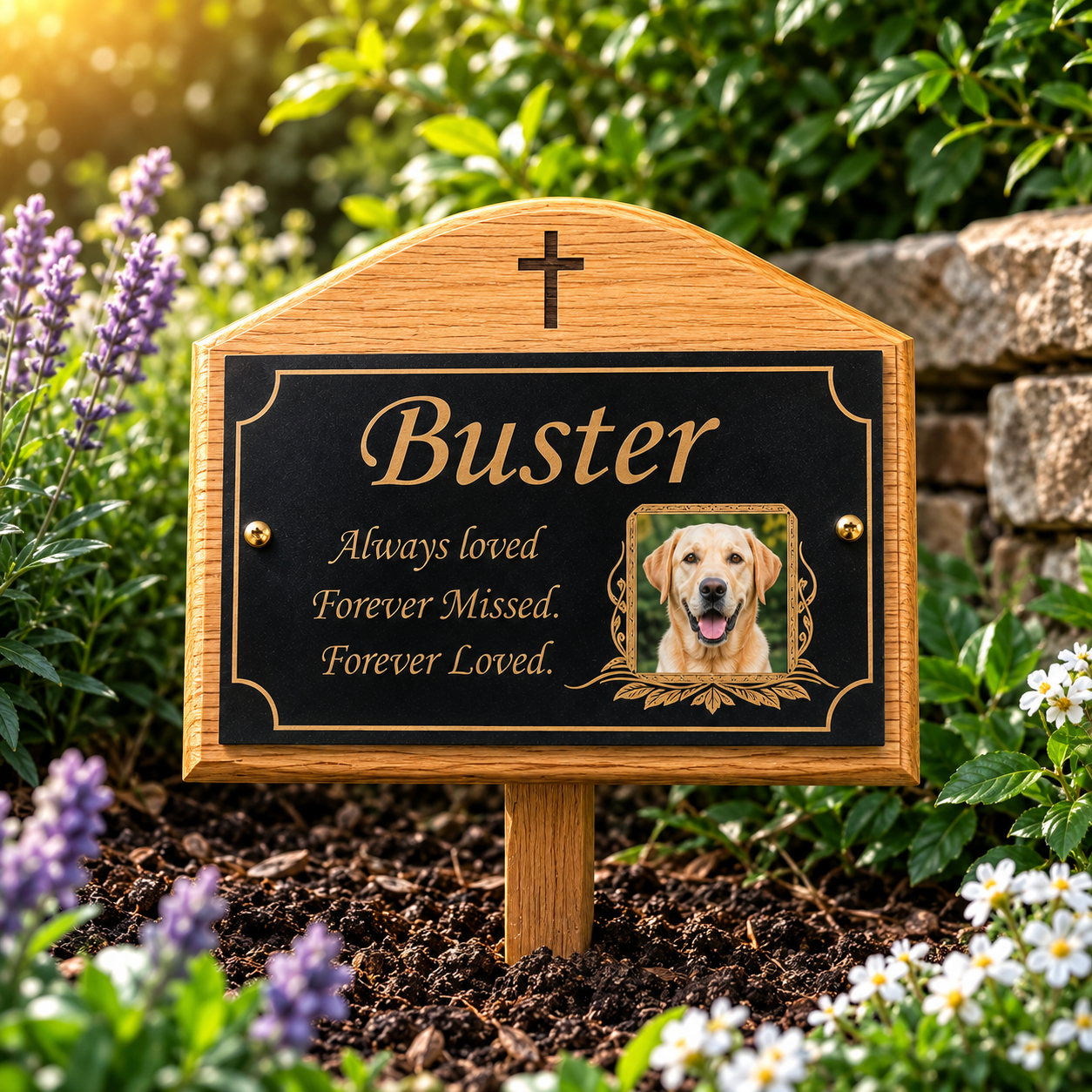A personalized wooden garden memorial plaque for a dog, featuring a black center panel with gold lettering that reads 'Buster' and 'Always loved Forever Missed. Forever Loved.
