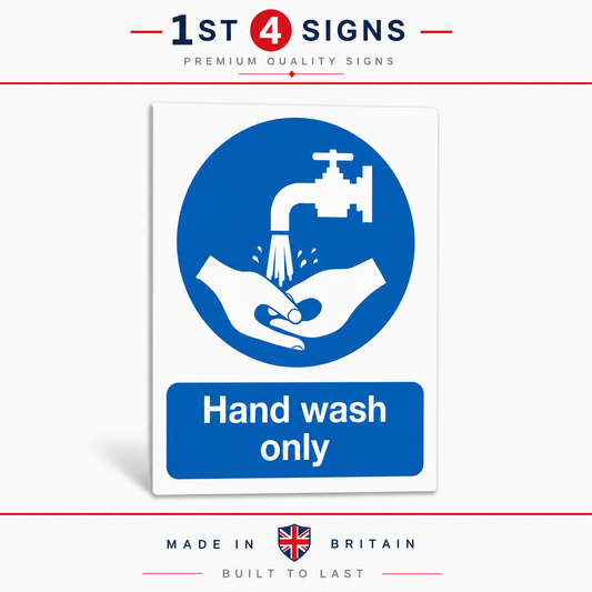 A rectangular hand wash only sign with a blue and white icon of hands under a faucet, shown on a light gray background with '1ST 4 SIGNS' branding at the top and 'MADE IN BRITAIN' at the bottom.