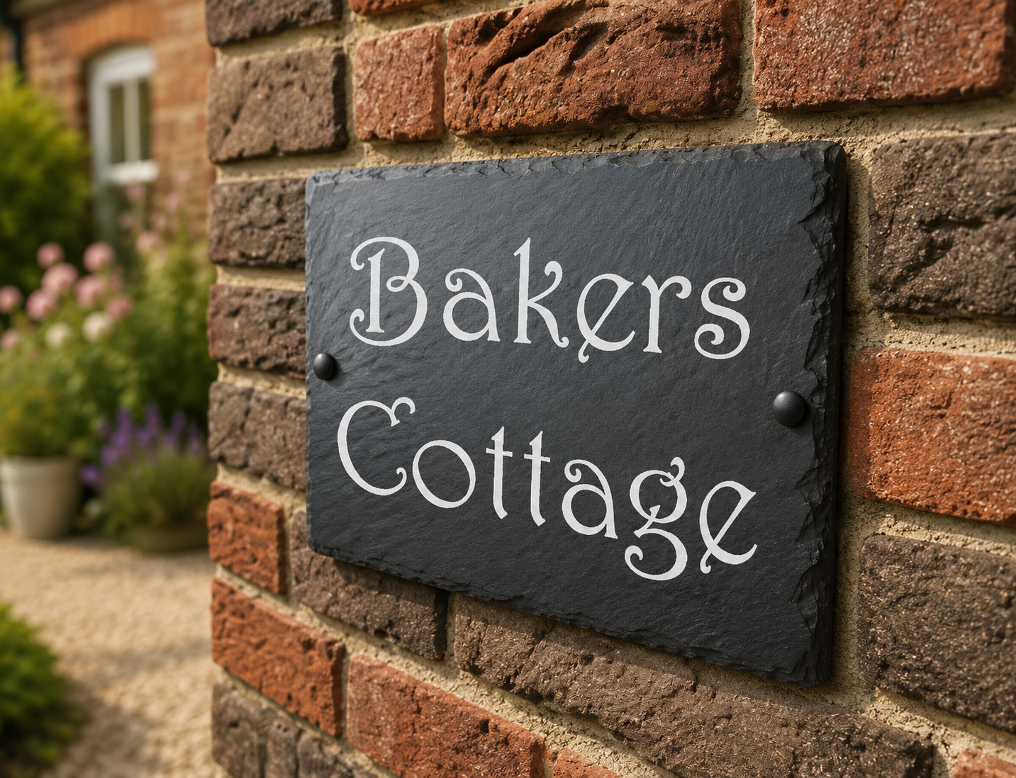 A rectangular black slate sign with white script text reading 'Bakers Cottage' mounted on a red brick wall outdoors.