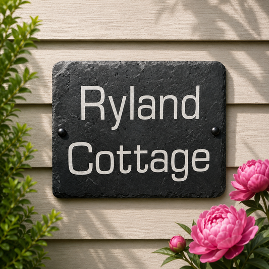A rectangular black slate house sign with rounded corners and the words 'Ryland Cottage' in white serif lettering, mounted on beige horizontal siding with green leaves and pink flowers around it.