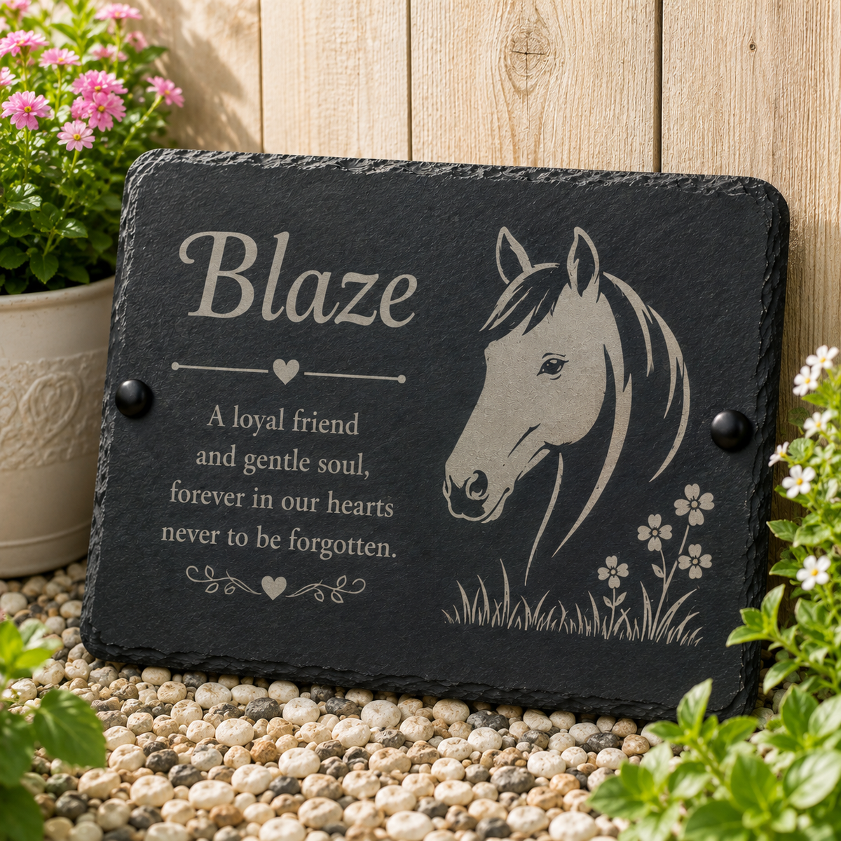 Horse Memorial Plaque & Grave Marker personalised with any details and horseshoe design. Natural slate remembrance plaque for horses, ponies, donkeys and ashes.