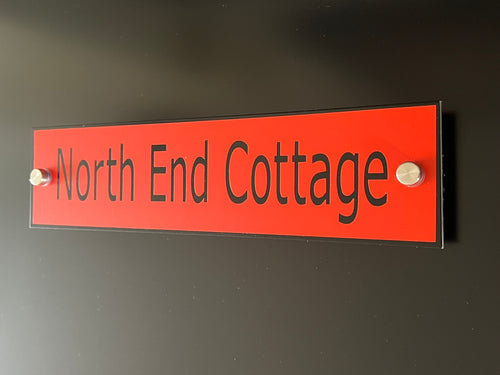 Red Aluminium House Sign with Black Lettering in Various Sizes