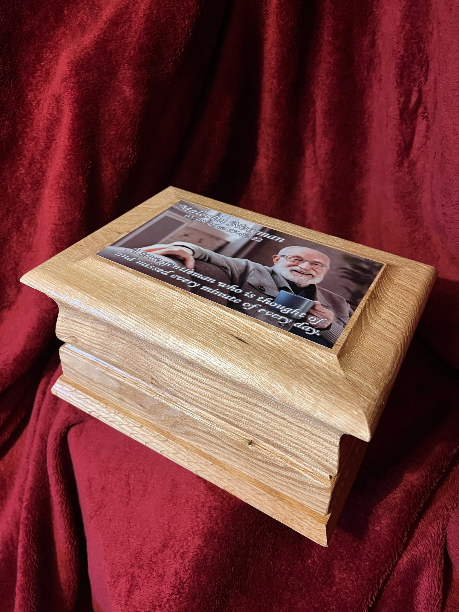 Oak Wood Cremation Ashes Urn Adult Size with full top printed photo of your choice.