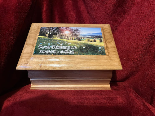 Oak Wood Cremation Ashes Urn Adult Size with full top printed photo of your choice.