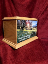 Oak Wood Cremation Ashes Urn Adult Size with full side printed photo of your choice.