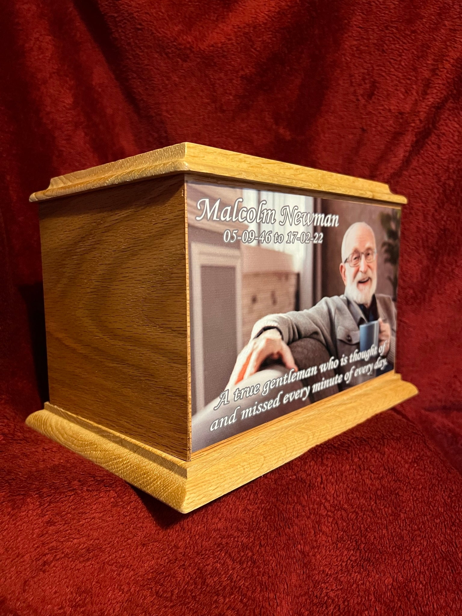 Oak Wood Cremation Ashes Urn Adult Size with full side printed photo of your choice.