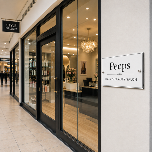  storefront of Peeps Hair & Beauty Salon with large glass windows, black frames, and a white sign on the wall. The salon interior is visible with wood flooring, a chandelier, and reception desk.