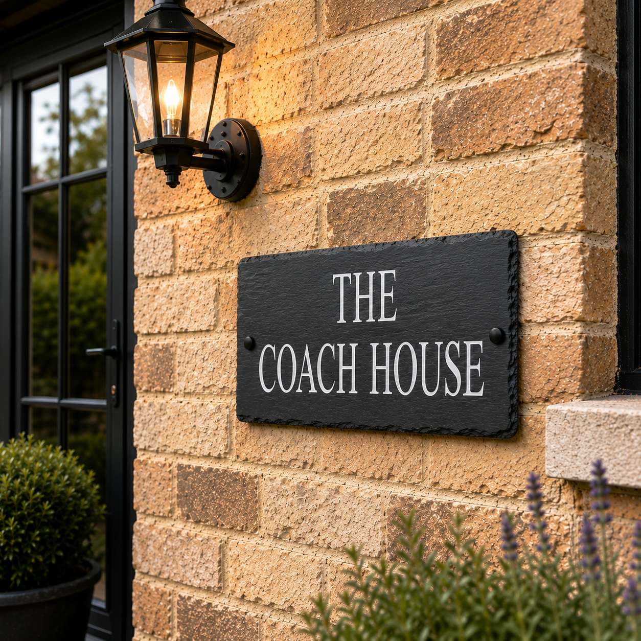 A rectangular black slate sign with white lettering reading 'THE COACH HOUSE' mounted on a tan brick wall beside a black outdoor wall lamp and window.