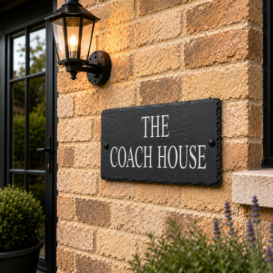 A rectangular black slate sign with white lettering reading 'THE COACH HOUSE' mounted on a tan brick wall beside a black outdoor wall lamp and window.