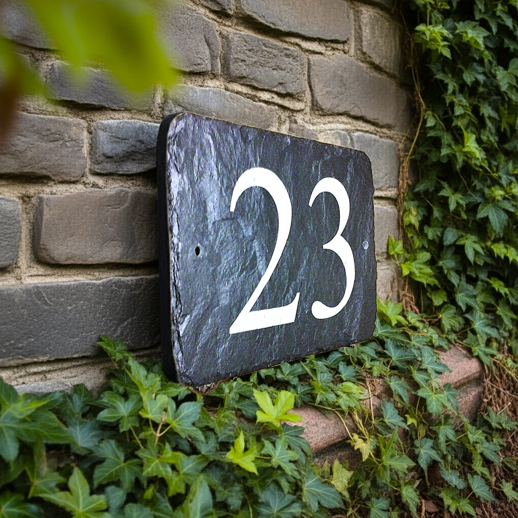 A rectangular black slate house number plaque with white numerals '23' mounted on a gray stone wall with green ivy around it.
